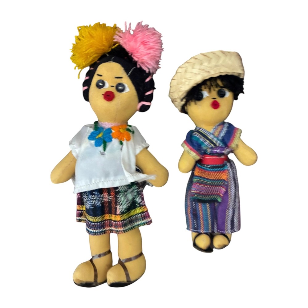 Vintage Guatemalan Folk Art Rag Dolls Set 2 Multicolor Good Traditional Ethnic